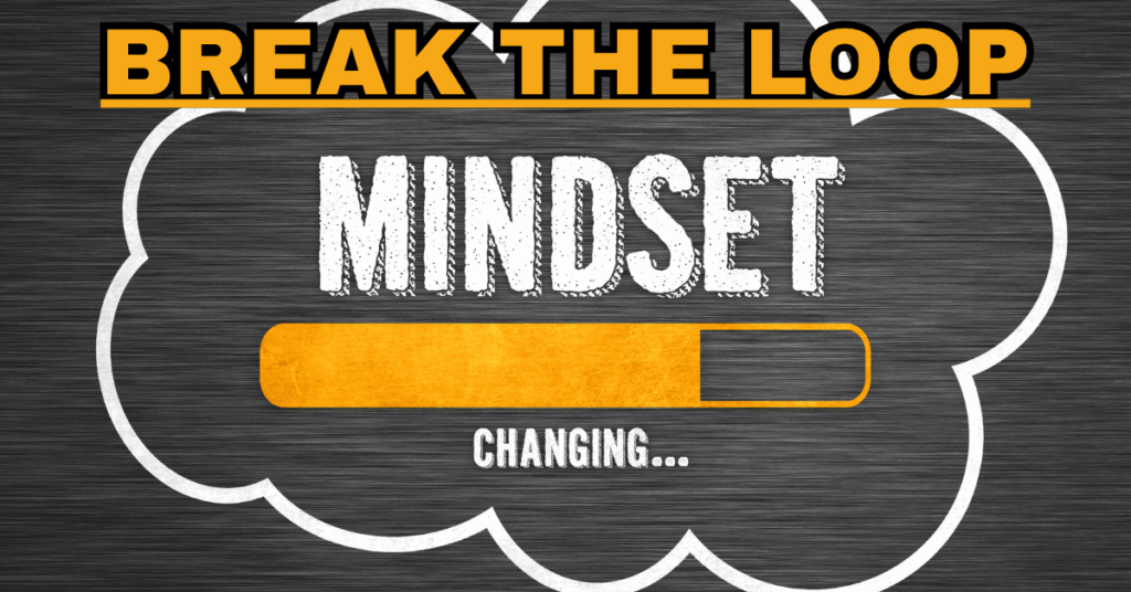 Break the Loop graphic with mindset changing progress bar inside a thought bubble